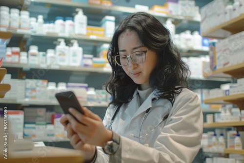 Free Download A woman in a white lab coat looks at her cell phone, likely checking messages or research - GFXLoad