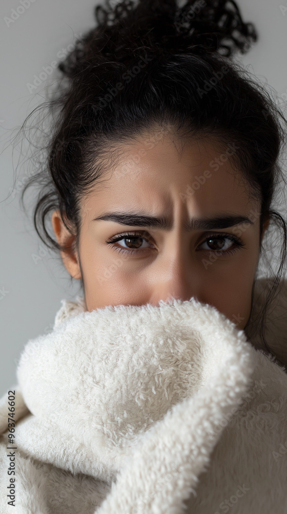 Young Woman Wrapped in Soft White Blanket with a Worried Expression Young Woman Wrapped in Soft White Blanket with a Worried Expression