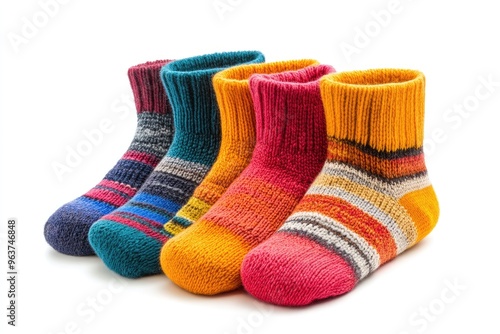 Four Colorful Striped Wool Socks on White Background