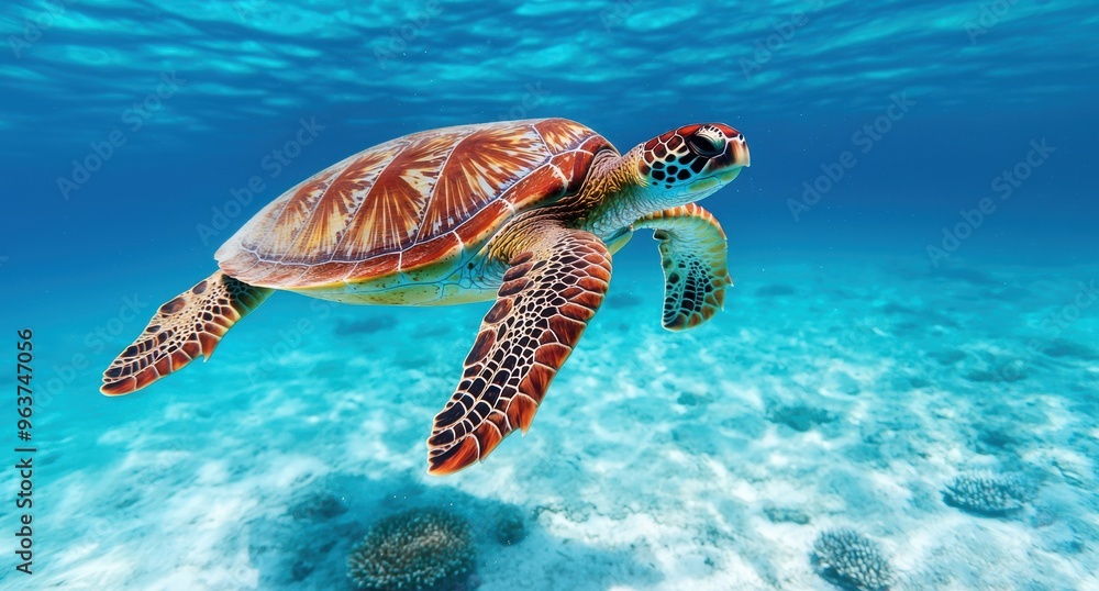 Fototapeta premium Colorful sea turtle swimming in blue ocean