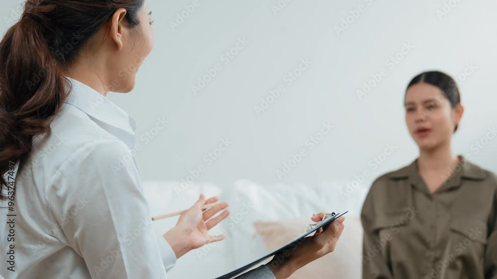 Happy patient and psychologist exchanging mental health conversation in clinic with positive emotion while explaining successful work and life to psychologist at psychologist vivancy clinic office Happy patient and psychologist exchanging mental health conversation in clinic with positive emotion while explaining successful work and life to psychologist at psychologist vivancy clinic office