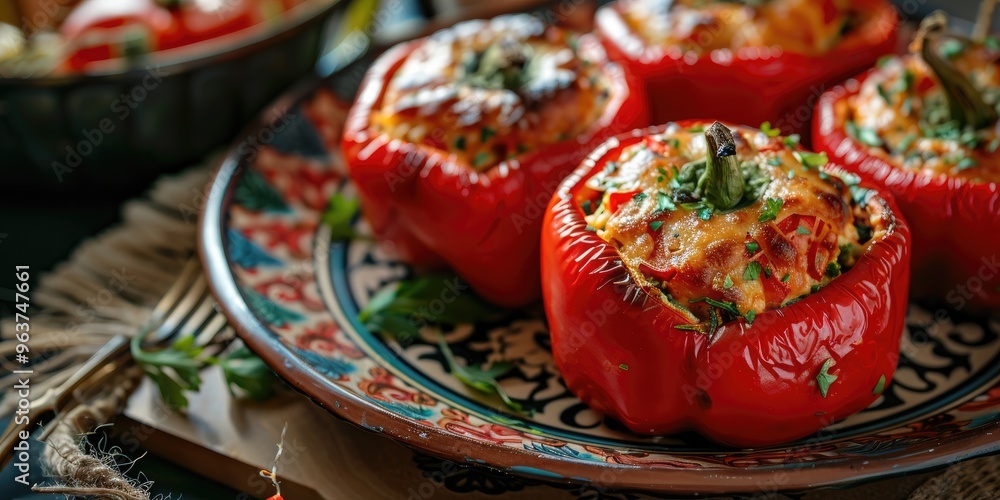 Stuffed Peppers on a Decorative Plate for a Classic Culinary Display Stuffed Peppers on a Decorative Plate for a Classic Culinary Display