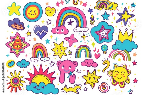 Various stickers arranged on a white background