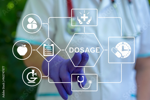 Doctor or pharmacist working on virtual touch screen presses word: DOSAGE. Daily dosage time medical pharmacy concept.