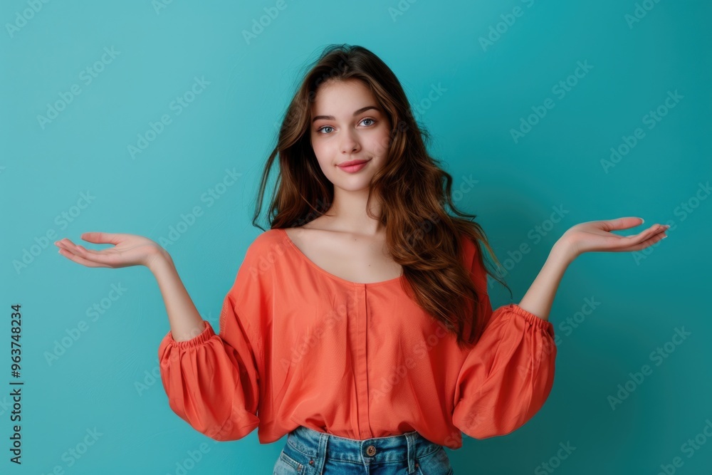 A woman with an orange top holds her hands out, possibly seeking attention or guidance A woman with an orange top holds her hands out, possibly seeking attention or guidance