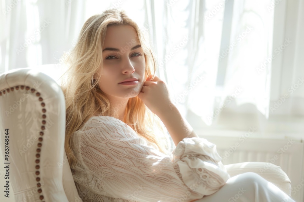 A woman sits in a chair, thoughtfully resting her hand on her chin