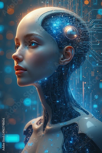 Portrait of nice young female robot, highly detailed beautyfull face. Contemporary painting. Modern poster for wall decoration