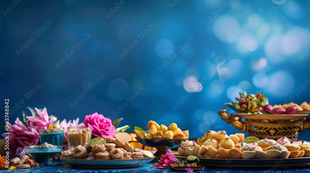 A vibrant Navaratri celebration displays an array of traditional sweets alongside fresh flowers, creating a festive atmosphere filled with joy and devotion A vibrant Navaratri celebration displays an array of traditional sweets alongside fresh flowers, creating a festive atmosphere filled with joy and devotion