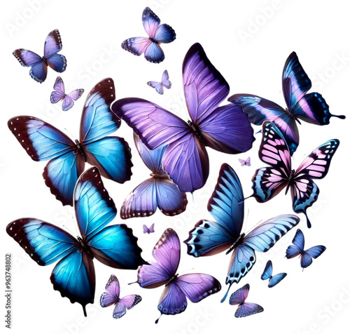 monarch butterflies, purple, blue, pink; ; isolated on transparent background PNG