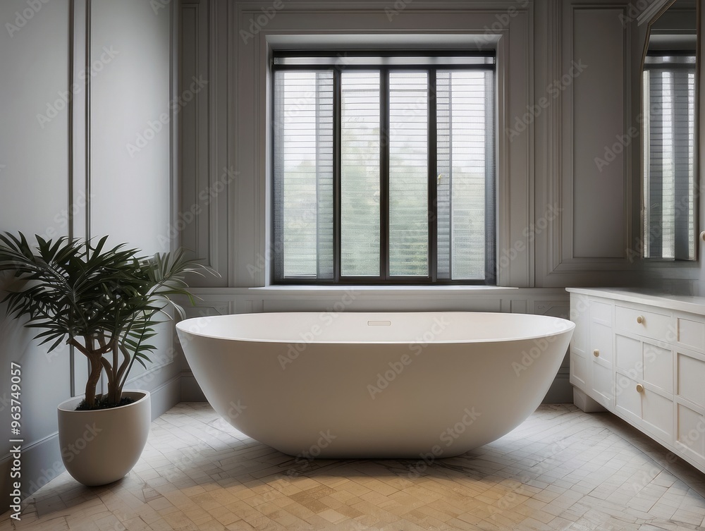 White Freestanding Bathtub in Modern Bathroom with Window and Plant White Freestanding Bathtub in Modern Bathroom with Window and Plant
