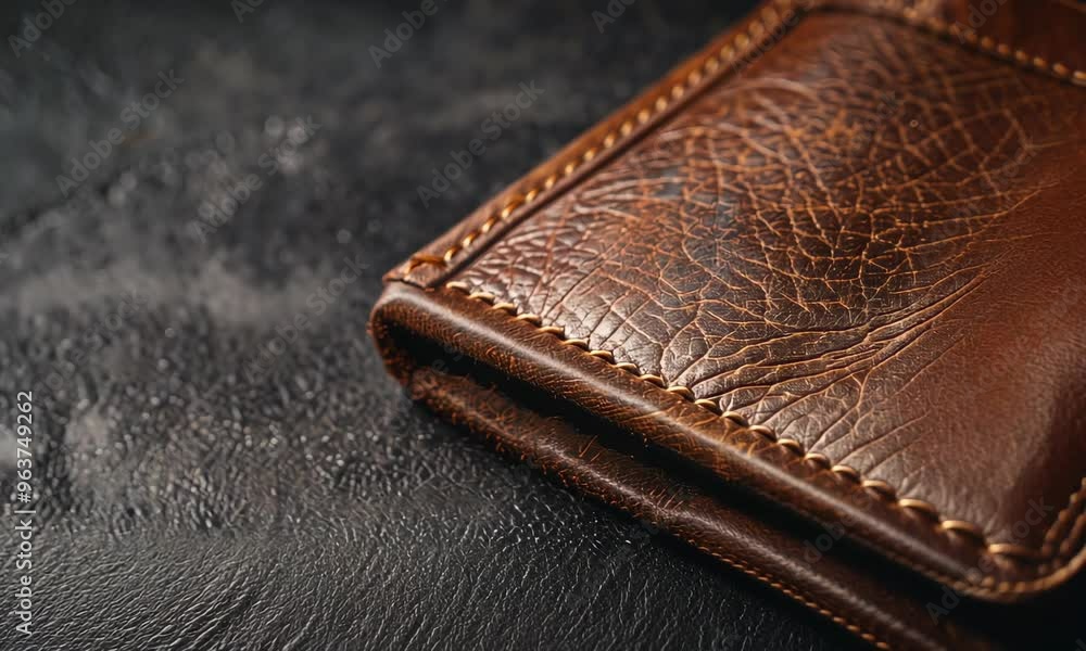 A close-up of a brown leather wallet with detailed stitching A close-up of a brown leather wallet with detailed stitching