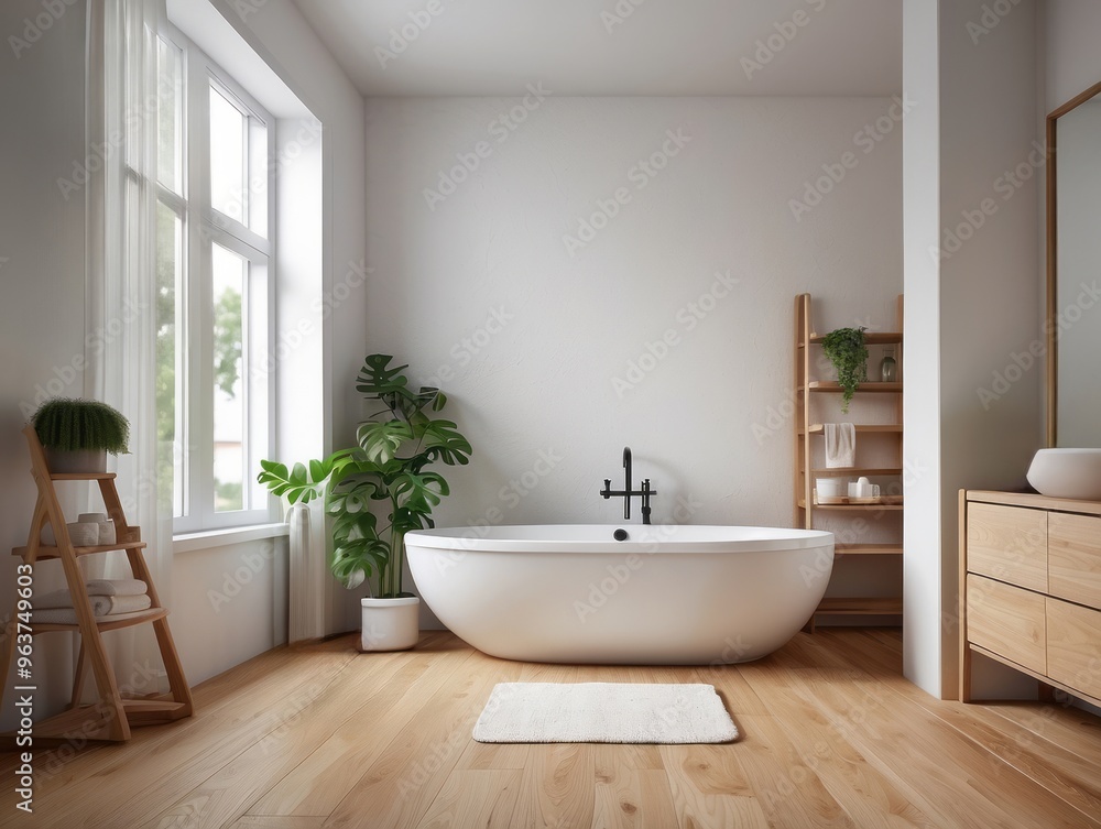 Minimalist Bathroom with Freestanding Tub and Wooden Accents Minimalist Bathroom with Freestanding Tub and Wooden Accents