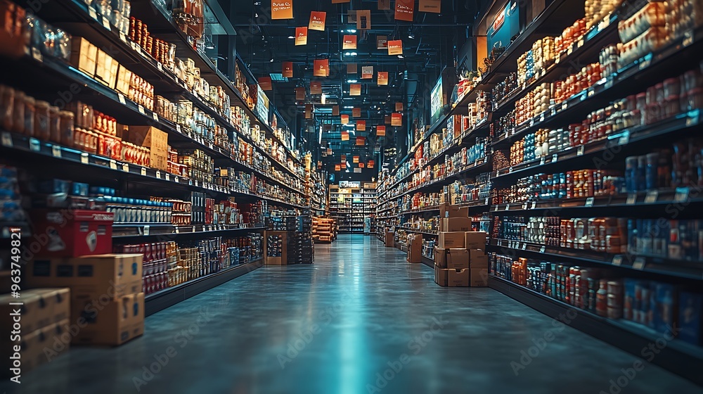 A Black Friday scene with an exaggerated perspective showing shelves stacked high with products and sale tags floating everywhere A Black Friday scene with an exaggerated perspective showing shelves stacked high with products and sale tags floating everywhere