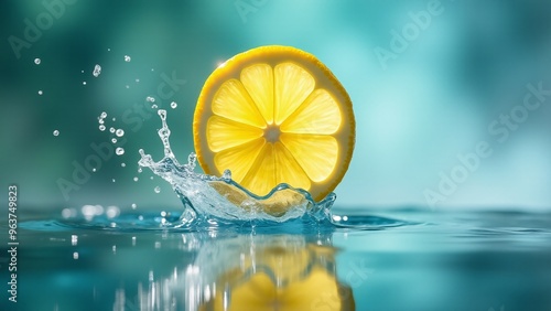 A bright lemon slice splashes into water, surrounded by frozen droplets, against a refreshing blue-green backdrop photo