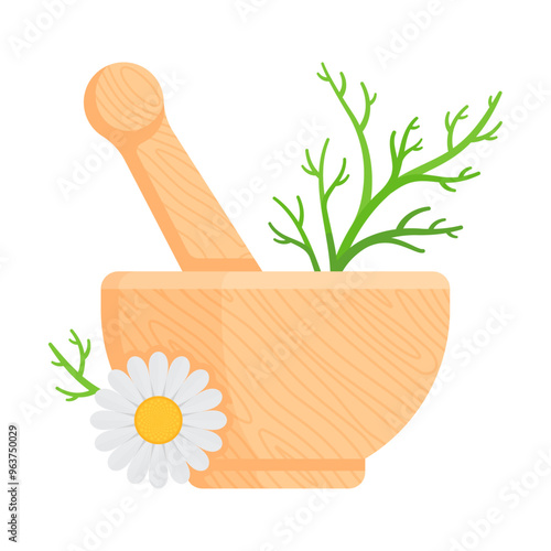 Wooden mortar and pestle with chamomile flower and herbs. Flat vector illustration isolated on white background. Herbal remedy preparation, homeopathy, and alternative medicine concept