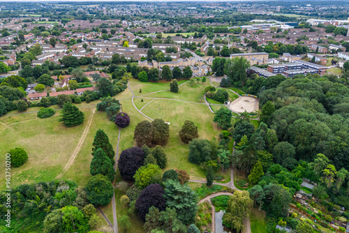Aerial drone shot of Harlow Town Park in England