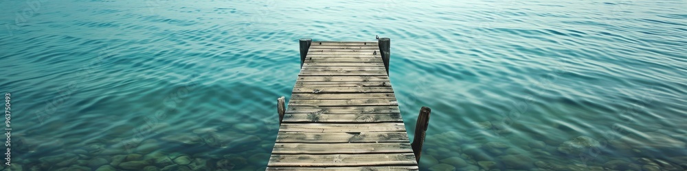 Wooden pier reaching into the sea with ample space, an abandoned dock or terrace overlooking a peaceful blue lake, rustic jetty with an old bridge or waterfront wharf by a quiet lakeside. Wooden pier reaching into the sea with ample space, an abandoned dock or terrace overlooking a peaceful blue lake, rustic jetty with an old bridge or waterfront wharf by a quiet lakeside.