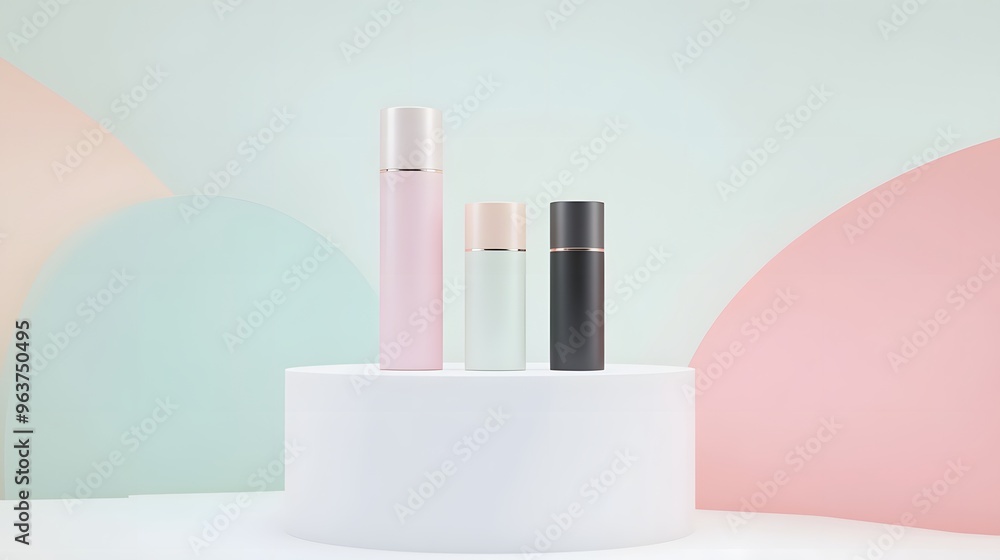 Three Bottles on a White Platform with Pastel Background Three Bottles on a White Platform with Pastel Background