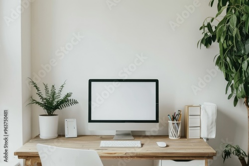 Tidy Home Office with Wooden Table and White Computer