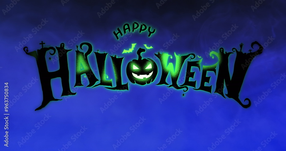 Naklejka premium Image of happy halloween text and blue background