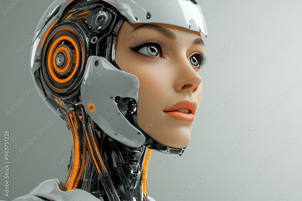 Brain network AI Robot Female android with sleek headgear and glowing eyes symbolizing the convergence of human beauty and advanced AI systems in a digital future Brain network AI Robot Female android with sleek headgear and glowing eyes symbolizing the convergence of human beauty and advanced AI systems in a digital future
