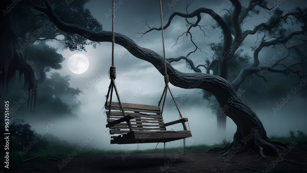 dark forest scene featuring a swing ominously hanging from a tree, evoking a sense of fear and mystery. dark forest scene featuring a swing ominously hanging from a tree, evoking a sense of fear and mystery.