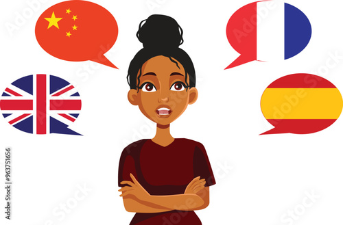 Woman of Black Ethnicity Speaking Many Languages Vector Illustration. Polyglot person being fluent in mandarin, English, Spanish and French 
