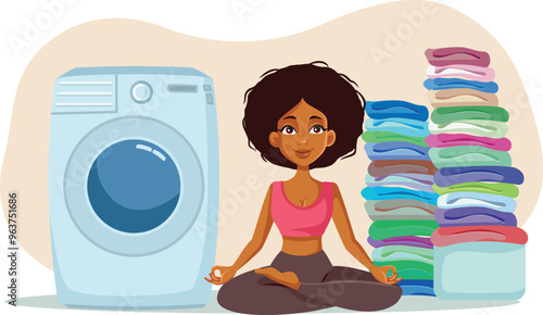 Woman Sitting Next to a Pile of Laundry Vector Cartoon Illustration. Happy girl waiting to do her laundry in the washing machine
