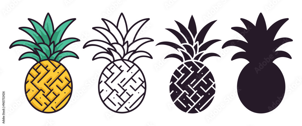 Obraz premium Pineapple vector illustration, outline, silhouette on white background