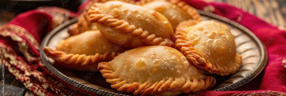 Traditional Indian dumpling filled with mawa khoya and sweet syrup, often enjoyed during festive celebrations. Traditional Indian dumpling filled with mawa khoya and sweet syrup, often enjoyed during festive celebrations.