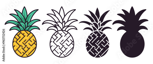 Pineapple vector illustration, outline, silhouette on white background