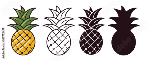 Pineapple vector illustration, outline, silhouette on white background