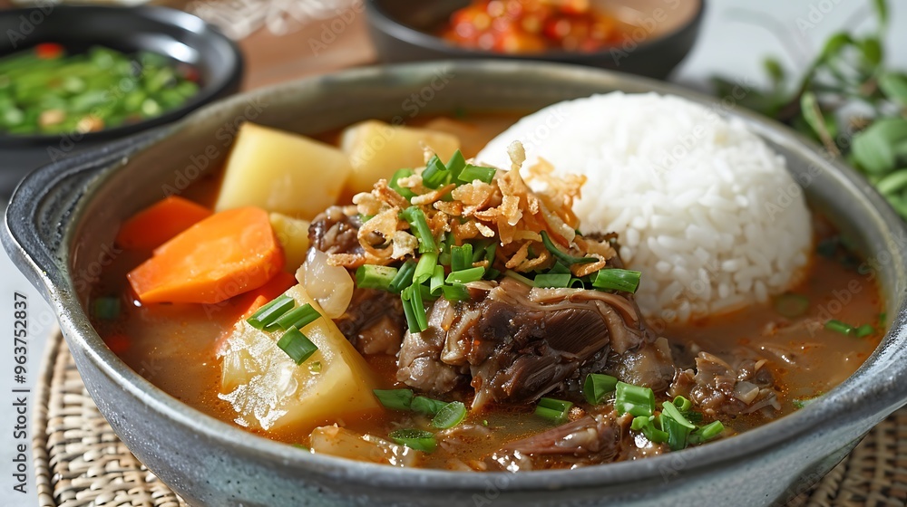 A hearty bowl of oxtail soup garnished with carrots potatoes green onions and fried shallots served with steamed rice and spicy sambal A hearty bowl of oxtail soup garnished with carrots potatoes green onions and fried shallots served with steamed rice and spicy sambal