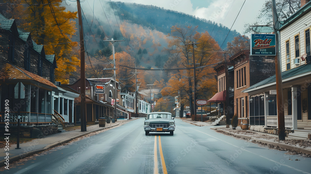 Fototapeta premium Classic car cruising down a picturesque mountain town street with colorful buildings in background.