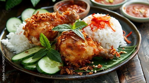 Crispy Fried Chicken with Spiced Coconut Flakes Served with Steamed Rice Sambal and Fresh Garnish for an Authentic Indonesian Meal