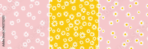 Seamless daisy floral pattern. Cute ditsy hand drawn vector daisies in white yellow and pink print. Spring summer stationary, paper, nightwear, swimwear ladies baby teens and girls fashion. bundle