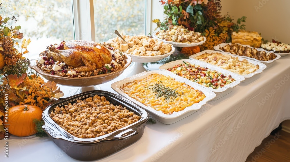 Thanksgiving feast with turkey, stuffing, and various side dishes displayed on a festive table setting by a window Thanksgiving feast with turkey, stuffing, and various side dishes displayed on a festive table setting by a window