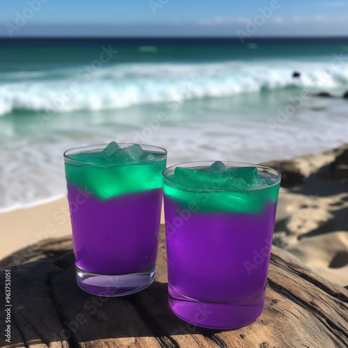 Purple and Green Fruity Cocktails in Paradise 