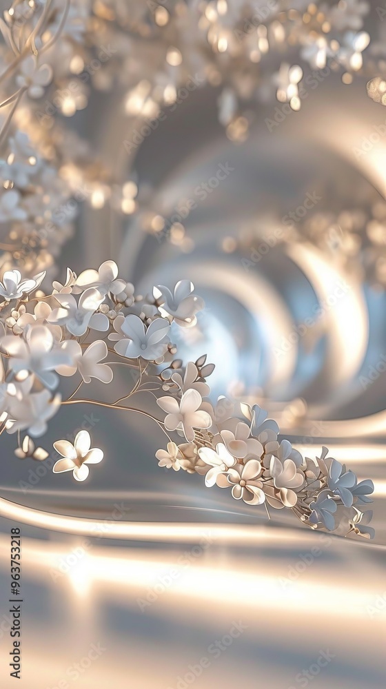 Soft white flowers gracefully intertwine in a swirling pattern, surrounded by gentle light that enhances their delicate features, creating a peaceful ambiance Soft white flowers gracefully intertwine in a swirling pattern, surrounded by gentle light that enhances their delicate features, creating a peaceful ambiance