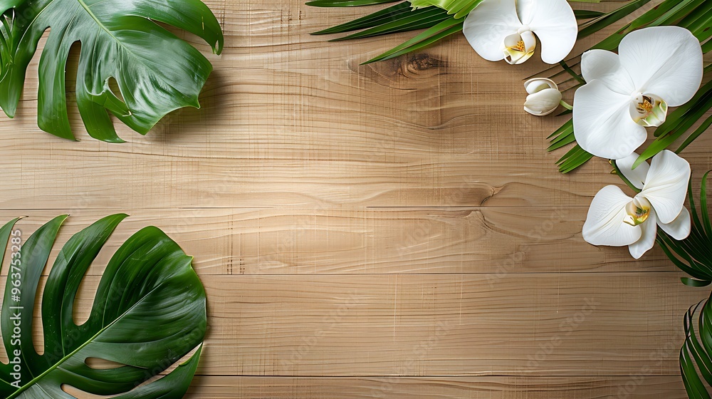 Clean wooden desk with a green monstera leaf and a white orchid on the sides providing a minimalist and stylish workspace arrangement ideal for showcasing text in the center Clean wooden desk with a green monstera leaf and a white orchid on the sides providing a minimalist and stylish workspace arrangement ideal for showcasing text in the center