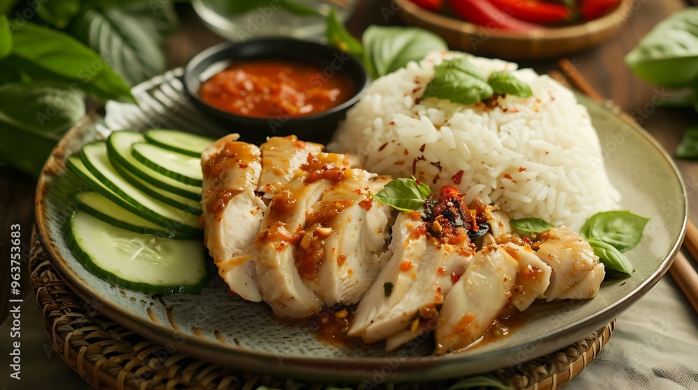 Indonesian Cuisine Highlighting Steamed Chicken Sambal Side Rice and Fresh Basil Garnish Indonesian Cuisine Highlighting Steamed Chicken Sambal Side Rice and Fresh Basil Garnish