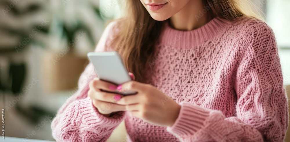 Close-up shot of a female employee’s hand using a smartphone, finger poised to tap the screen, as she types a message, highlighting National Transfer Money to Your Daughter Day Close-up shot of a female employee’s hand using a smartphone, finger poised to tap the screen, as she types a message, highlighting National Transfer Money to Your Daughter Day