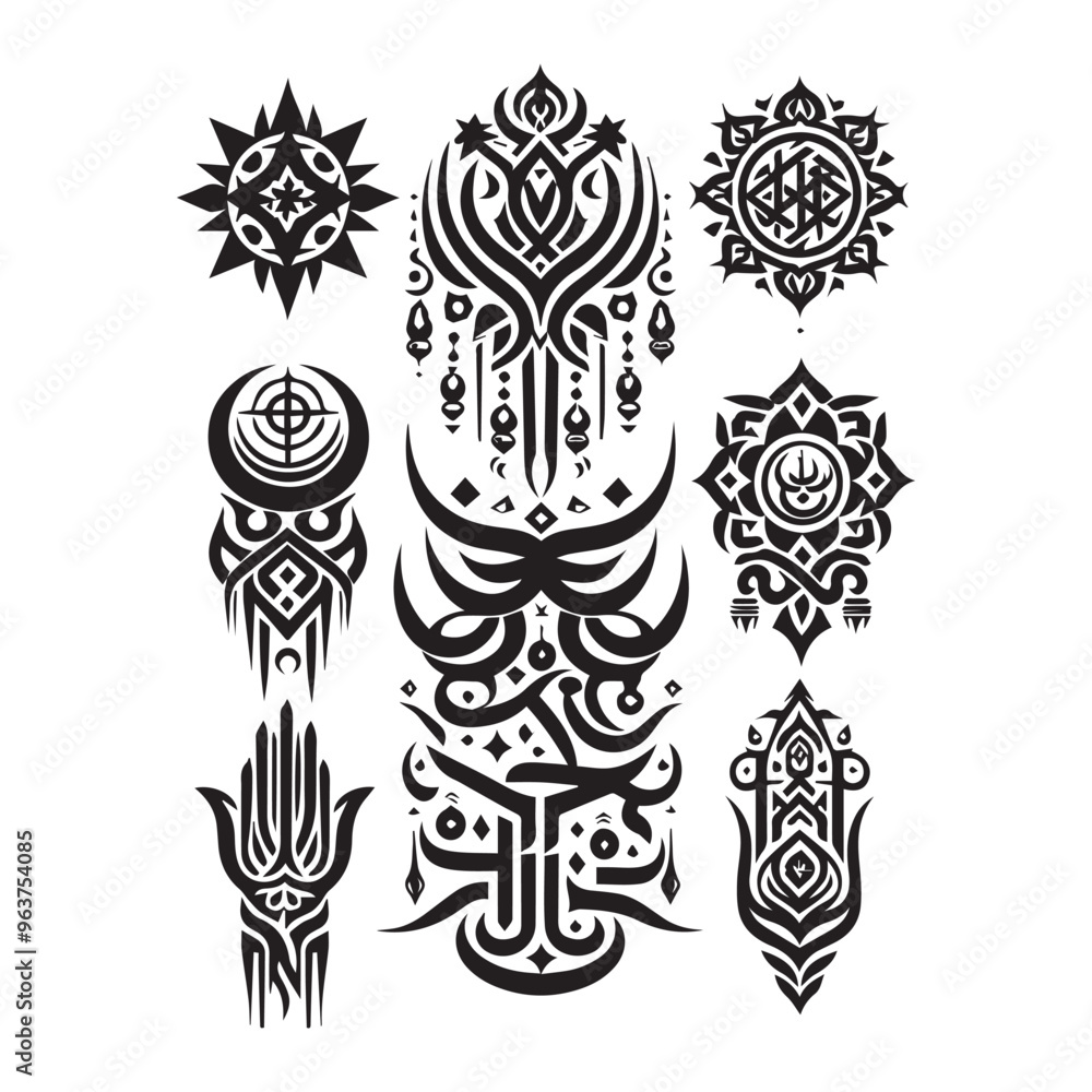 Islamic Tattoos tribal designs bundle collection in a white background
Islamic Tattoos tribal designs bundle collection in a white background