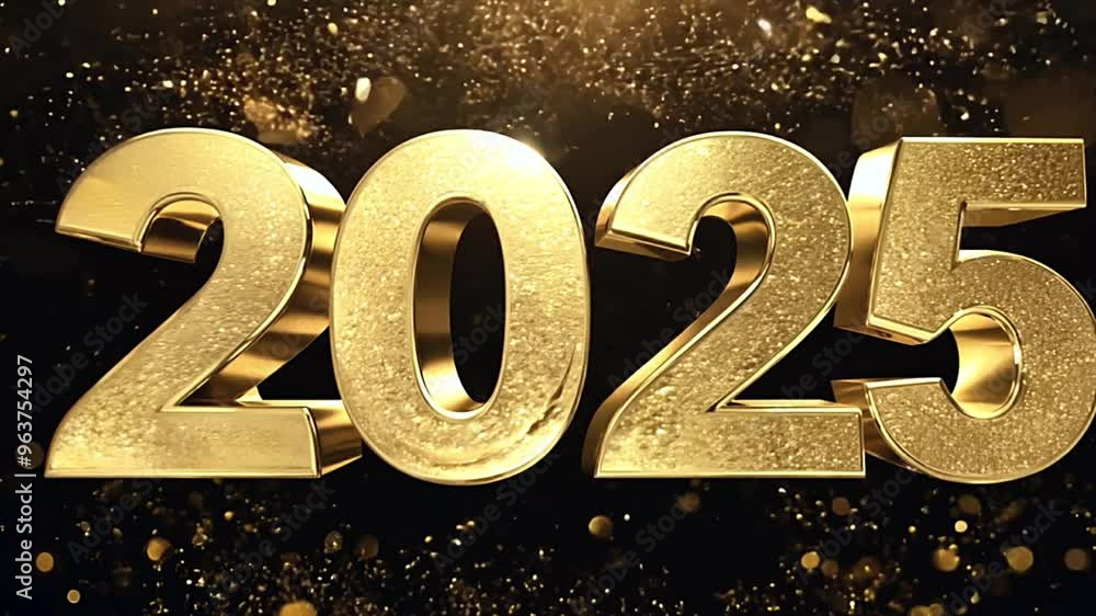 Golden 2025 text in bold 3D letters on black background with golden particles. Festive celebratory New Year design Golden 2025 text in bold 3D letters on black background with golden particles. Festive celebratory New Year design