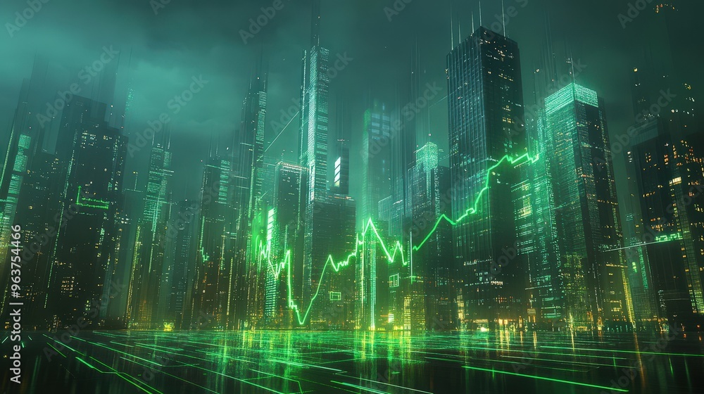 A futuristic city skyline illuminated in green light with digital graphs reflecting financial growth and prosperity at night A futuristic city skyline illuminated in green light with digital graphs reflecting financial growth and prosperity at night