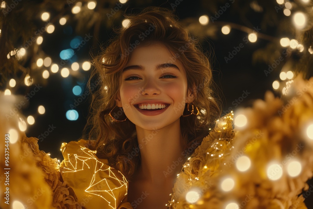 Cognitive function womans mind Woman smiling brightly amidst glowing holiday lights capturing festive joy and celebration in a warm illuminated holiday setting Cognitive function womans mind Woman smiling brightly amidst glowing holiday lights capturing festive joy and celebration in a warm illuminated holiday setting