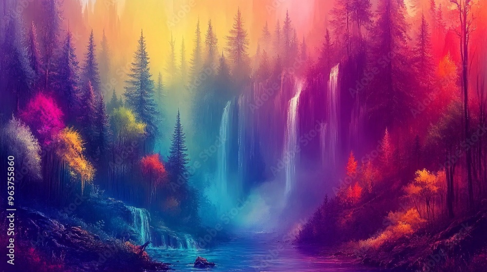 A vibrant fantasy landscape with waterfalls enveloped in colorful hues of purple, pink, and orange. A vibrant fantasy landscape with waterfalls enveloped in colorful hues of purple, pink, and orange.