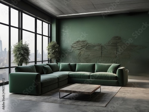 Green Velvet Sectional Sofa in Modern Living Room with City View photo