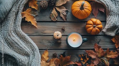 Cozy autumn arrangement with pumpkins, a candle, and warm leaves on a rustic wooden backdrop during the fall season