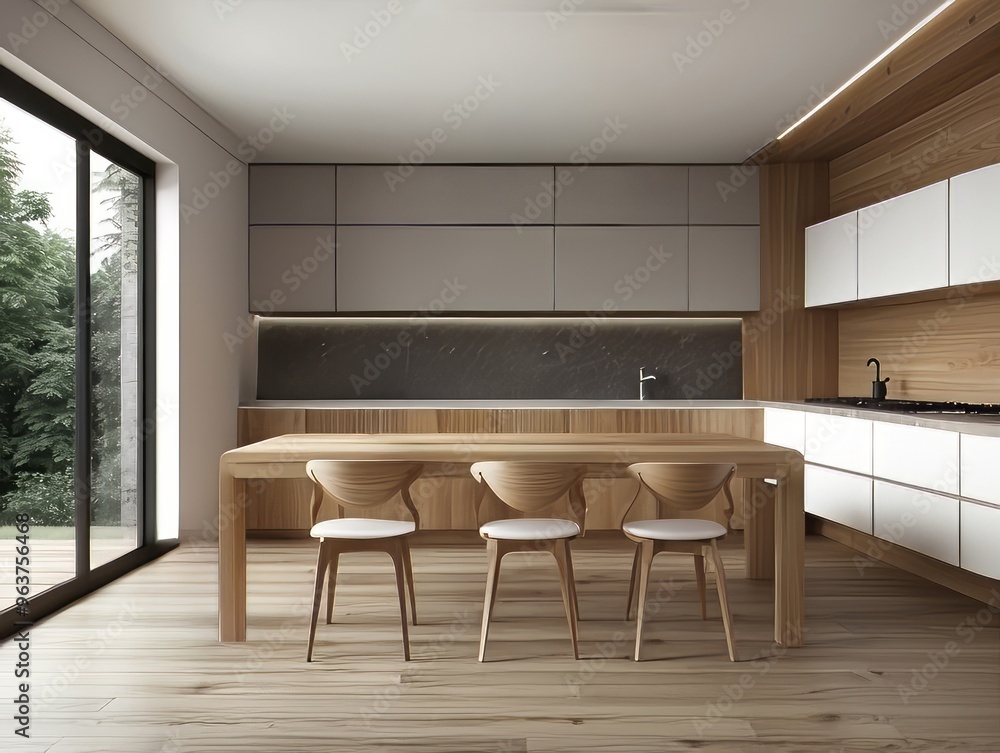 Modern Kitchen with Wooden Dining Table and Chairs Modern Kitchen with Wooden Dining Table and Chairs